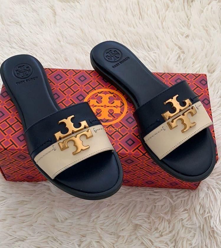 Tory Burch Everly Calf Leather Gold Logo Slide Sandals