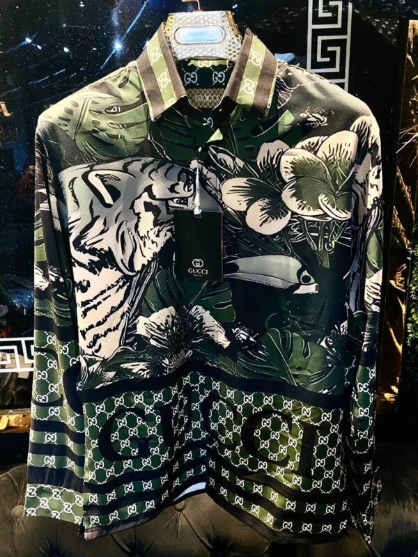 GUCCI FIRST COPY FOREST GREEN FLUID COTTON DESIGNER SHIRT