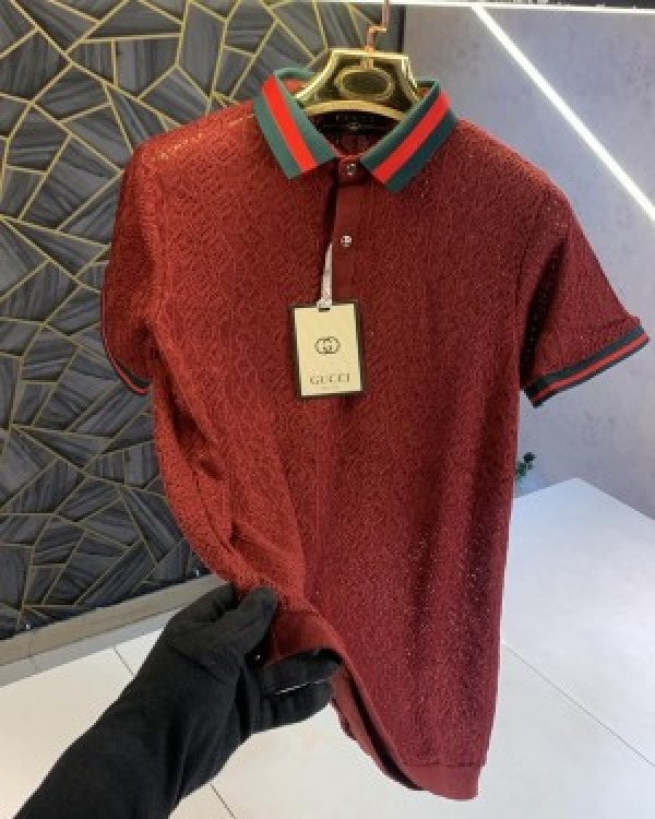 GUCCI MAROON CROCHET IMPORTED DESIGNER POLO T-SHIRT