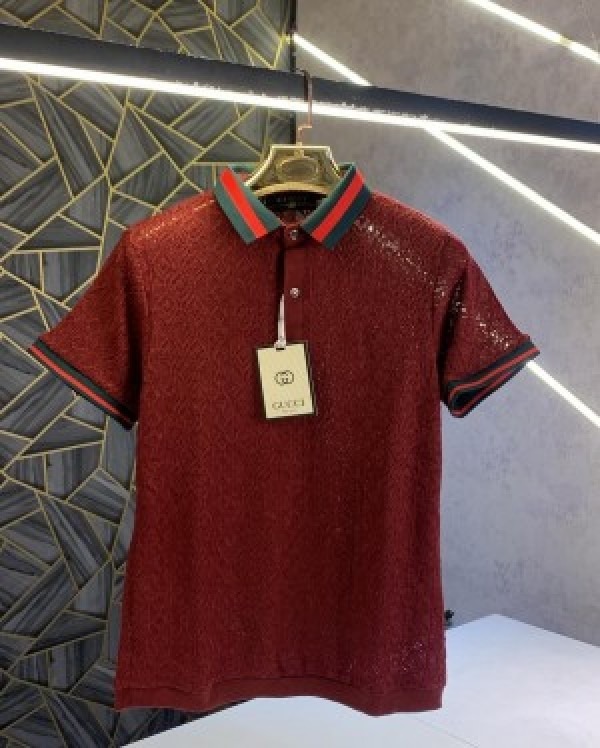 GUCCI MAROON CROCHET IMPORTED DESIGNER POLO T-SHIRT - Image 2